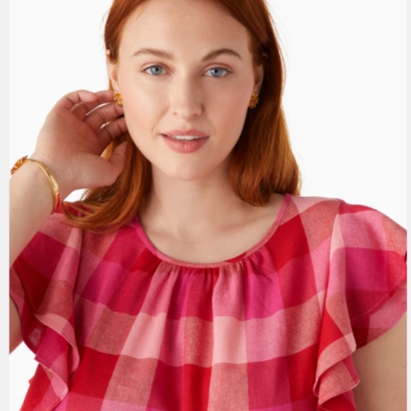 KATE SPADE PICNIC WOVEN FLUTTER-SLEEVE TOP LINEN BLEND DEEP HIBISCUS MULTI  L - Picture 2 of 15